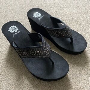 Yellow Box Black Beaded Wedge Sandals